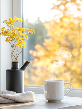 Cozy autumn morning with steaming coffee and yellow flowers by the window