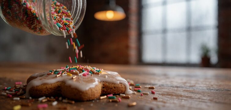 Close-up of decorating gingerbread cookies with a cascade of colorful sprinkles falling onto glossy icing on a rustic wooden surface.
