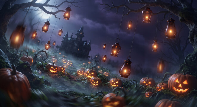 Magical halloween pumpkin patch field decorated with hanging vintage lanterns at night.