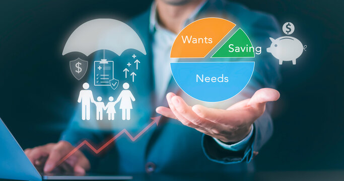 Businessman holding budget pie chart with family insurance concept. Personal financial planning, needs wants saving rule, piggy bank, wealth management, and investment growth.