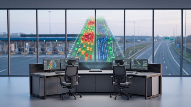 Empty smart highway toll operations console at dawn with floating 3D holographic vehicle density heatmap
