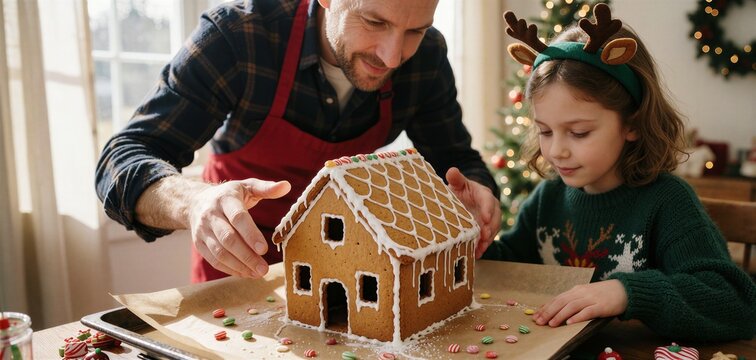 Father and daughter decorating a gingerbread house together in a cozy, festive kitchen setting.