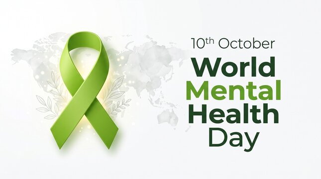 World Mental Health Day banner with green ribbon, 10th October awareness poster, global mental health support concept with world map background