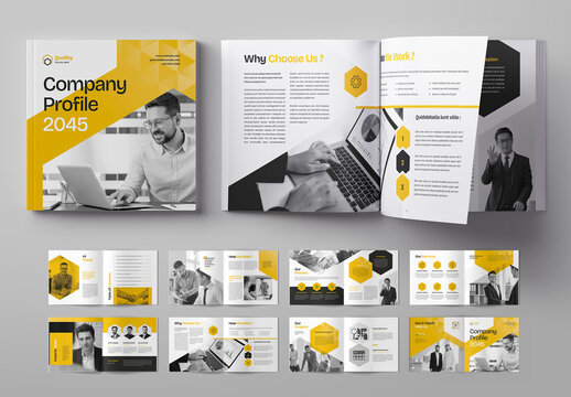 Square Company Profile Brochure Layout with Yellow Accents