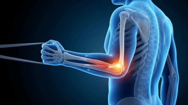 3d medical illustration of a human elbow with pain during exercise