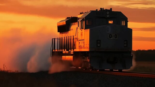 Diesel locomotive on railway track in rural landscape beneath glowing sunset sky