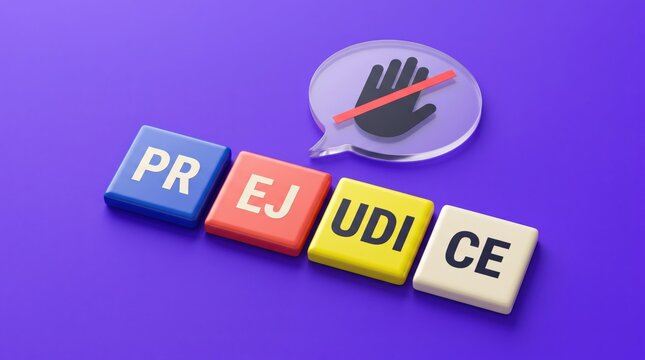 Prejudice spelled out on colorful square tiles with a glossy speech bubble icon featuring a hand stop sign symbol against a clean solid purple background for social awareness design projects.