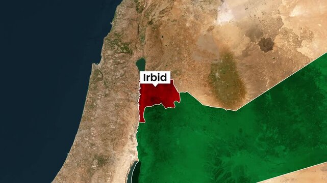 Animated map highlighting Irbid region within Jordan motion footage