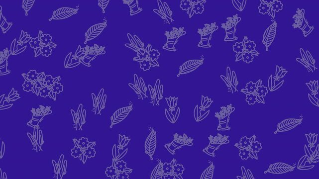 Seamless pattern with hand drawn outline flowers and leaves on a deep blue background.