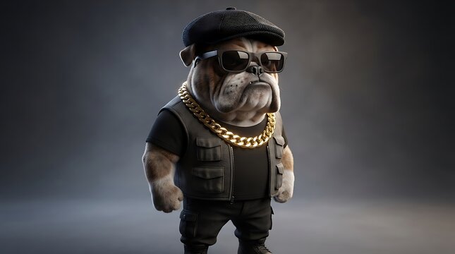 Muscular bulldog wearing sunglasses hat and gold chain
