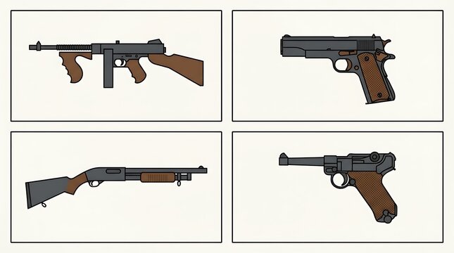 Set of vintage firearm weapon icons in panels