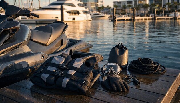 Jet ski and personal watercraft safety gear on wooden dock at marina