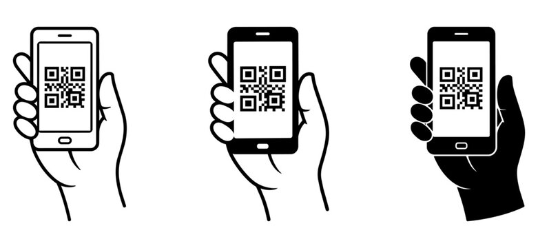 Qr code scanning with smartphone icons in various styles showing hands holding devices with matrix symbols on screens, including monochrome outline and silhouette forms for mobile interface design