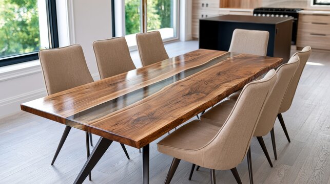 natural wood table epoxy river, six beige upholstered chairs 