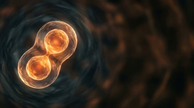 Glowing biological cell division mitosis microscopic background copy space