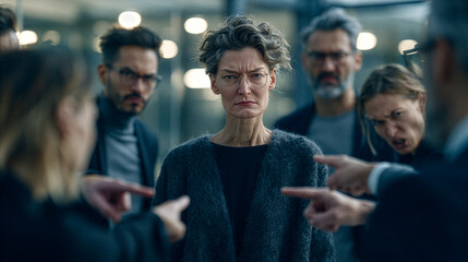 Obraz premium a confident professional woman standing calmly in the center while surrounded by coworkers engaged in a heated disagreement