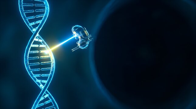 CRISPR gene editing technology glowing DNA light beam copy space