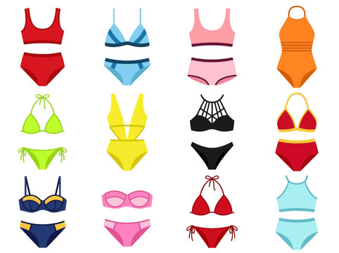 Colorful Collection of Women's Swimwear and Bikini Vector Icons for Summer Beach Fashion