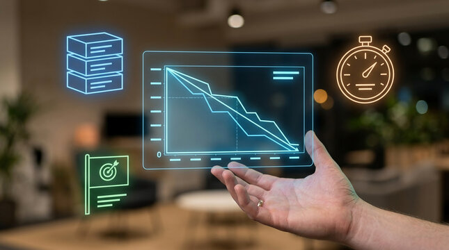Concept of business loss and performance analysis with human hand holding digital icons representing data, time, goals and falling graph in office.