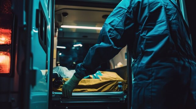 Medical professional loads stretcher from ambulance at night