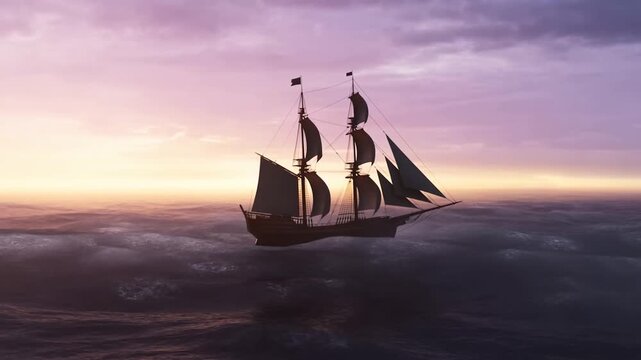 Tall sailing ship with dark sails on open ocean beneath a colorful sunset sky