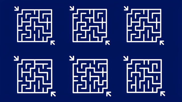 Collection of six white maze designs with directional arrows pointing outward on transparent background