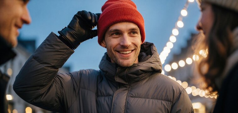 Man in winter gear adjusting red beanie outdoors at twilight, suggesting fun during ice skating or holiday events.