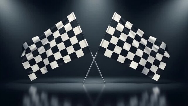 Two Crossed Checkered Racing Flags Waving in Dark Studio Lighting