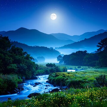 a river runs through a lush green valley under a full moon