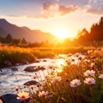 a river with flowers in the fore