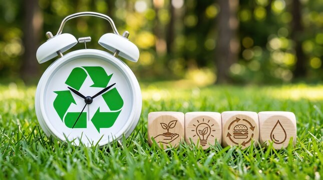 White alarm clock with green recycling symbol and wooden blocks featuring icons of nature sustainability energy food and water icons resting on lush green grass in a bright sunny garden