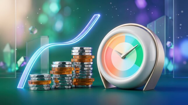 Silver and orange coins stacked beside a colorful circular clock showing time passing with a glowing blue upward trend line representing financial growth and investment success in a modern setting.