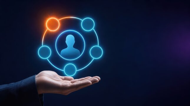 Hand holding a digital network of connected user icons symbolizing social or business connections.