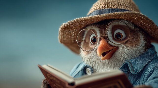 A wise animated owl wearing round glasses and a straw hat is deeply focused on reading an open book.