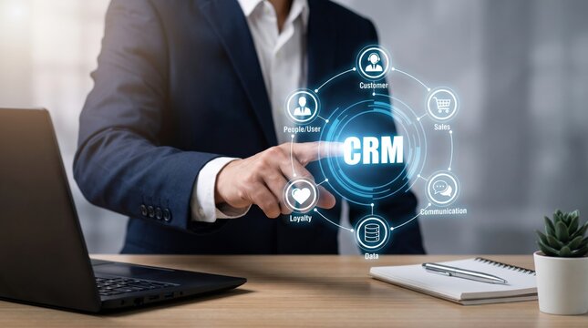 Business executive interacting with an innovative CRM system, orchestrating customer relationship management for strategic growth and enhanced experience