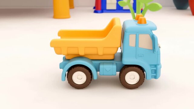 Toy dump truck standing on green playmat in bright playroom animation