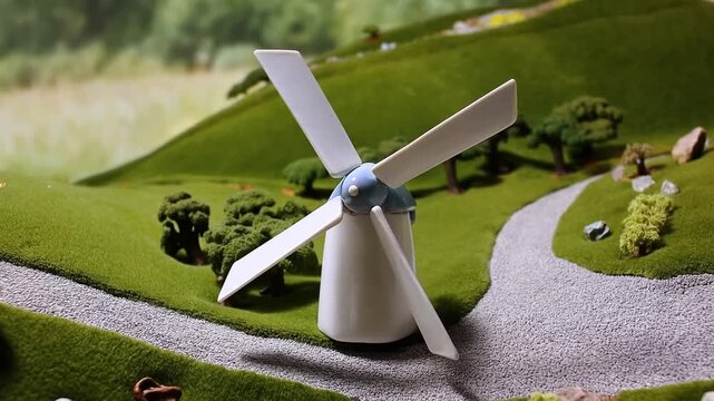 Miniature windmill standing in a green model landscape with trees, hills, and paths