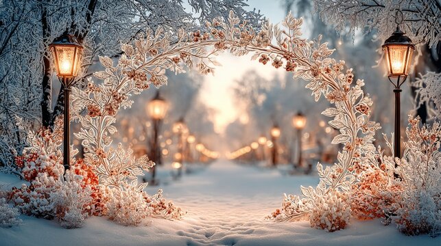 A magical winter wonderland features a snow-covered floral archway flanked by glowing vintage street lamps along a snowy park path at dusk.