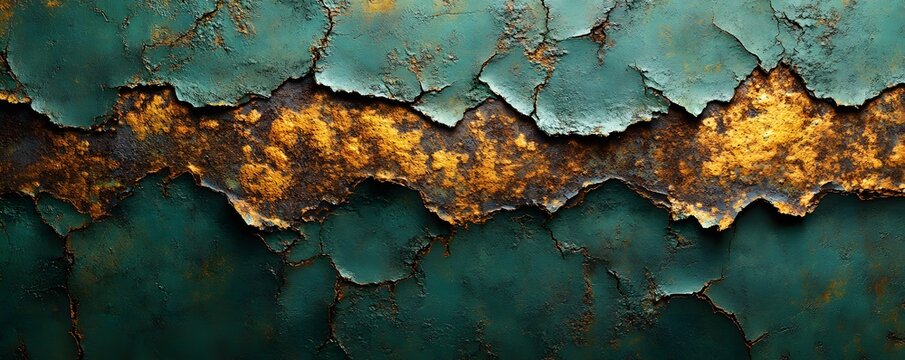Distressed teal and gold metal surface with peeling paint and heavy rust textures in horizontal view