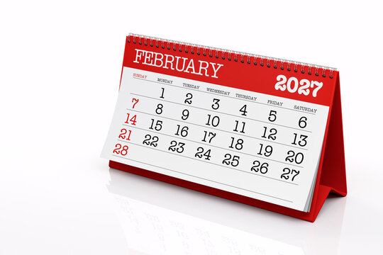 Red Spiral Desktop Calendar Showing February 2027 Month