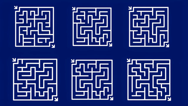 Six Different White Minimalist Maze Designs With Arrows Showing Possible Pathways On Blue Background