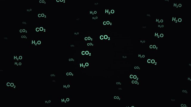 Scientific Animation of Floating H2O and CO2 Formulas on Black Background