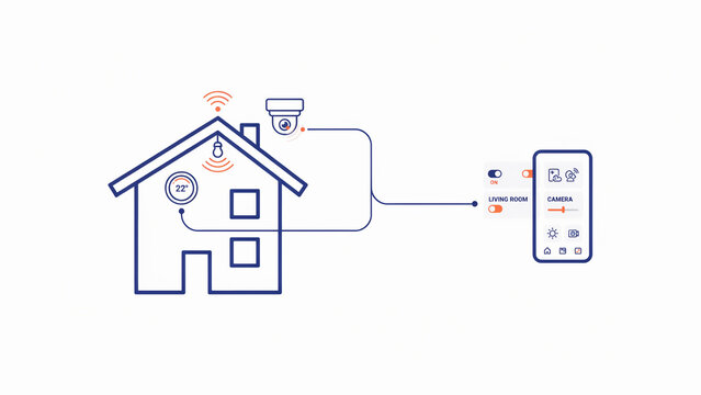 Smart home security system with connected camera and thermostat controlled via mobile app interface