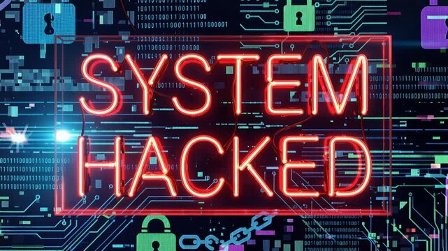 Red neon SYSTEM HACKED warning glowing on glitchy digital background, cyber attack symbols, data streams, network breach, cybersecurity concept, 4K video