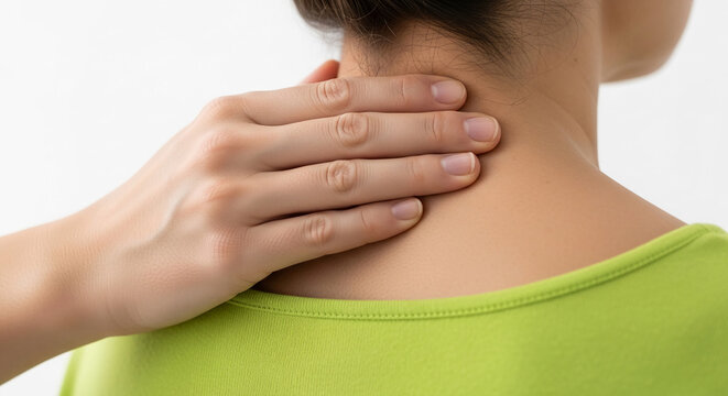 Hand gently touching the neck, symbolizing discomfort or pain, representing health and wellness concepts, suitable for medical or self-care themes