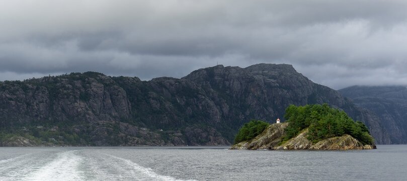 Little Bergsholmen island lighthouse in Lysefjord Norway