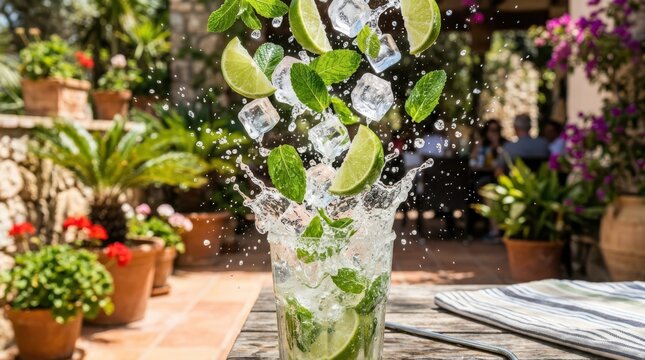 Refreshing mojito cocktail with splashing lime and ice on a garden terrace