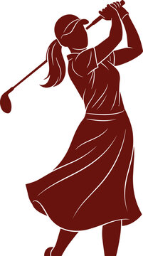 Female golfer swinging golf club wearing skirt and cap silhouette athletic woman sports vector illustration isolated on white background for golf design