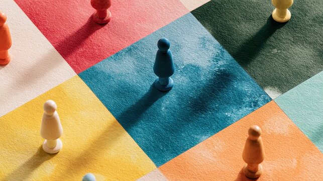 Behavioral analysis grouped figurines decision patterns purchasing trends customer journey commercial insights flat design top view retail theme water color Triadic Color Scheme. 