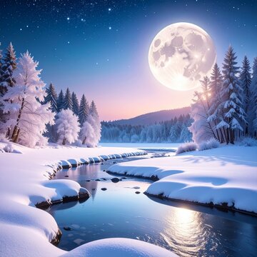 winter landscape with river and full moon